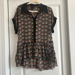 Anna Sui 100% Silk Novelty Cat Print Sheer Quirky Button-Down Top S Whimsical